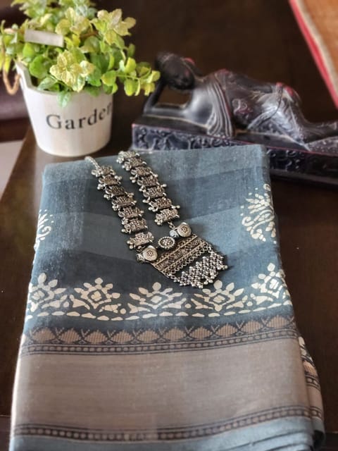 Teal grey jute cotton saree