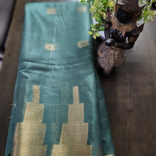 Sea green art silk saree with golden temple border